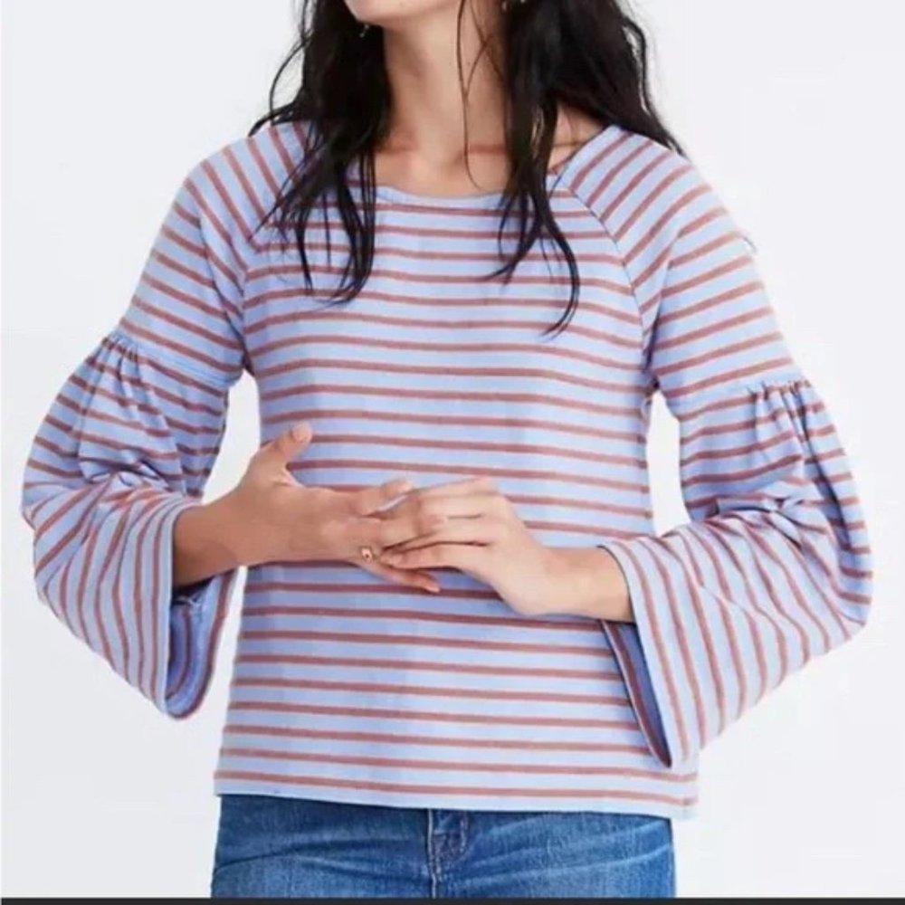 Madewell | Shirred-Sleeve Sailor Top Striped Bell Sleeves (Blue, Orange) Size S